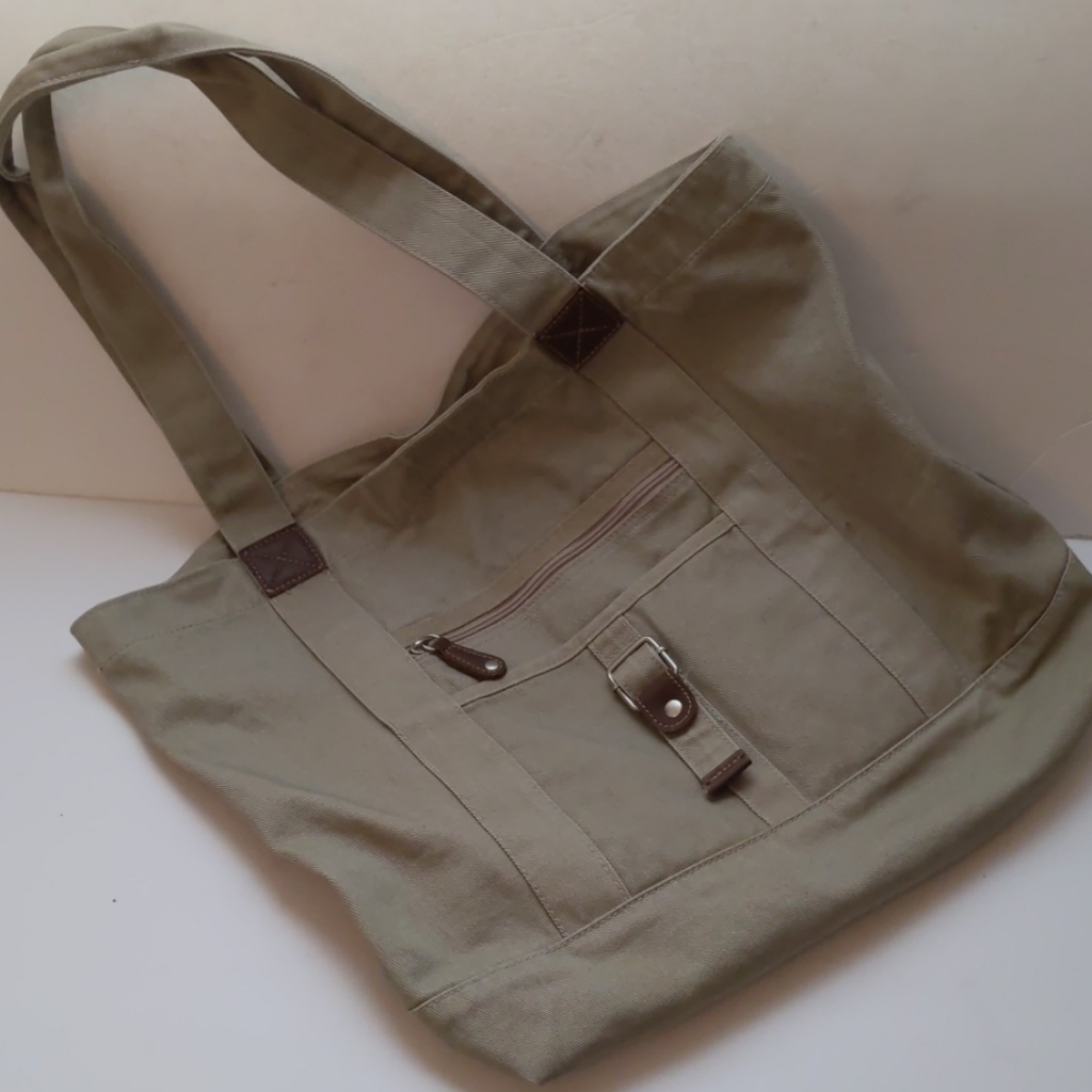 Tan Canvas Bag W Faux Leather Trim-16x20 Inches